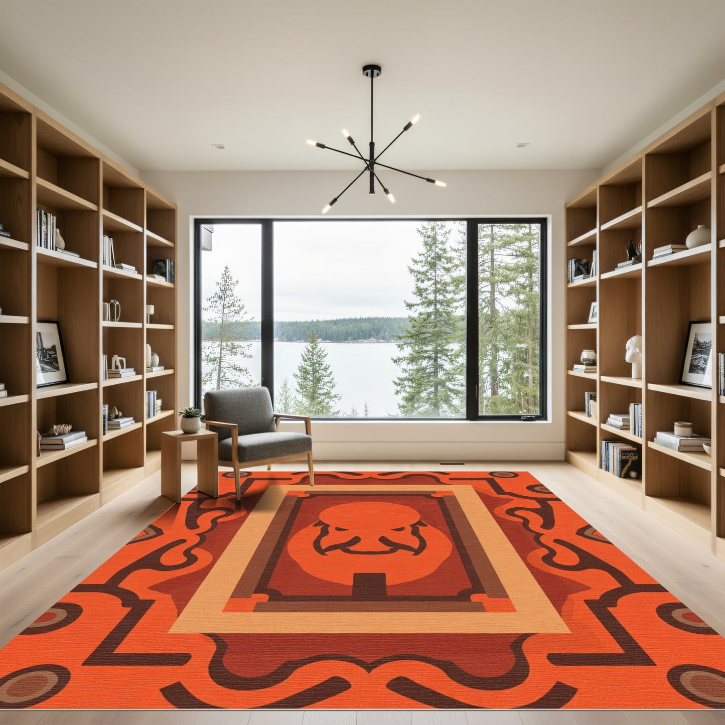 Orange Tribal Mask Geometric Medallion Rug