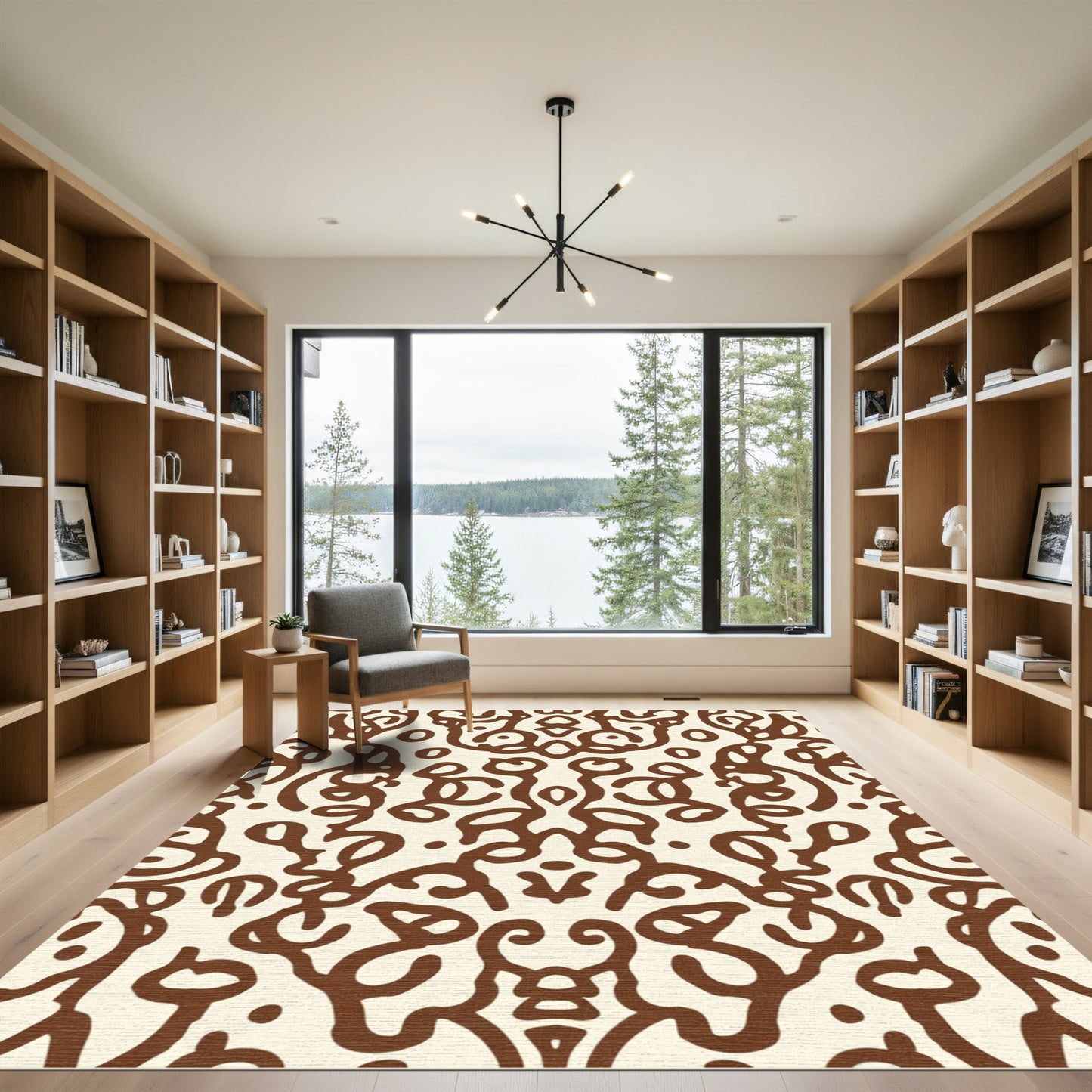Cream Brown Ornate Scrollwork Damask Rug