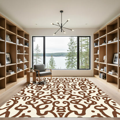 Cream Brown Ornate Scrollwork Damask Rug