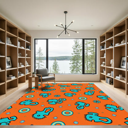 Whimsical Teal Abstract Orange Pattern Rug