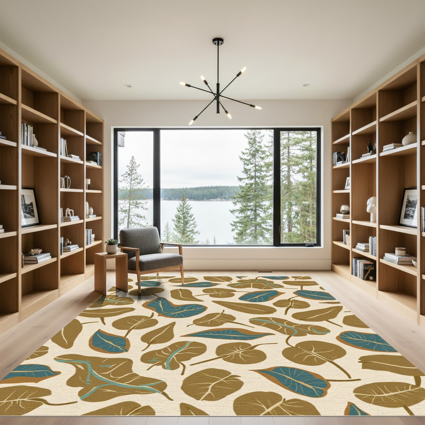 Modern Brown Blue Leafy Garden Rug