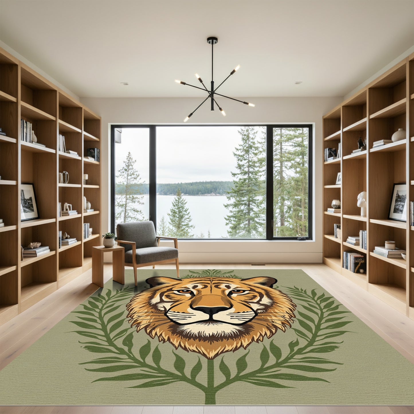 Vibrant Orange Tiger Jungle Leaves Rug