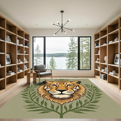 Vibrant Orange Tiger Jungle Leaves Rug