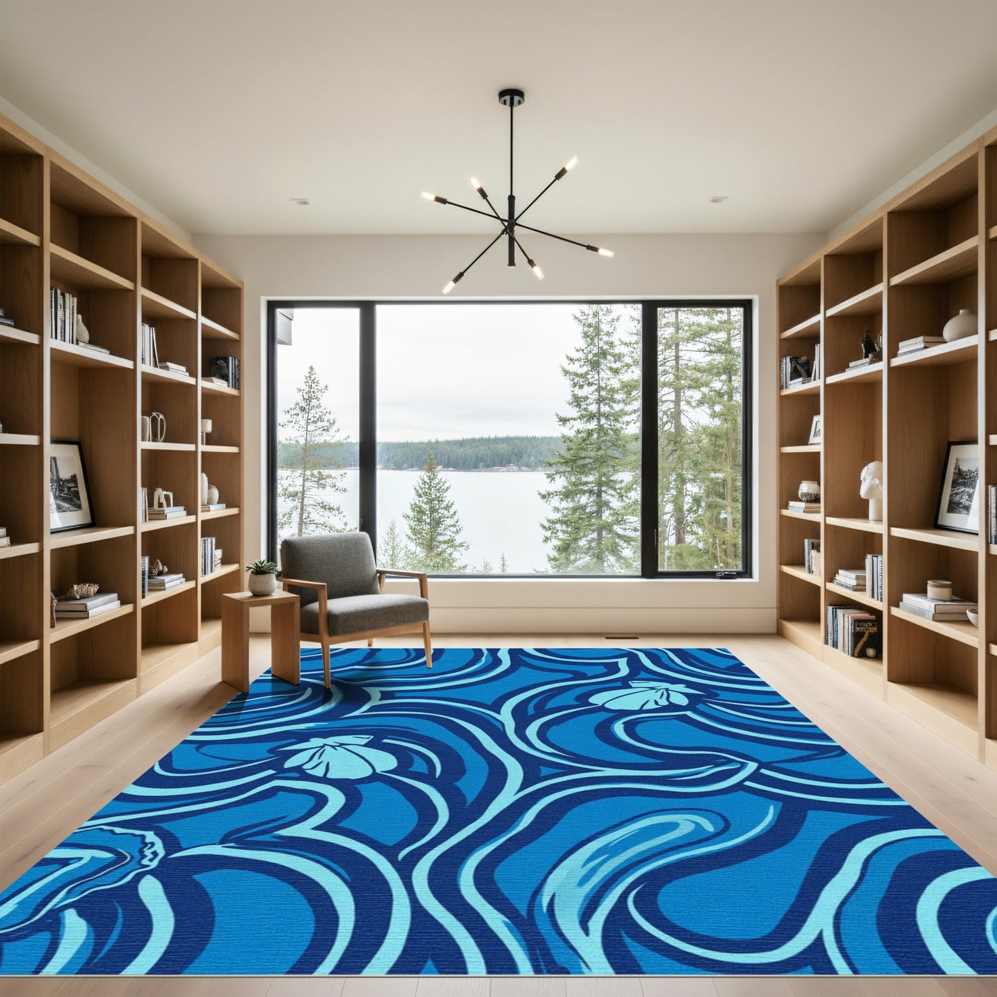 Oceanic Blue Abstract Floral Swirl Rug