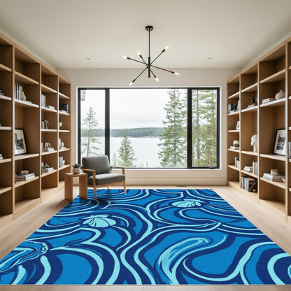 Oceanic Blue Abstract Floral Swirl Rug