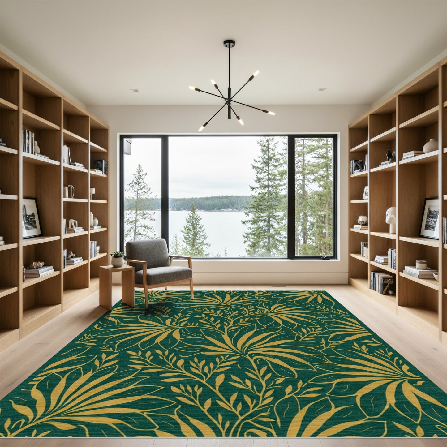Emerald Gold Tropical Leaf Pattern Rug