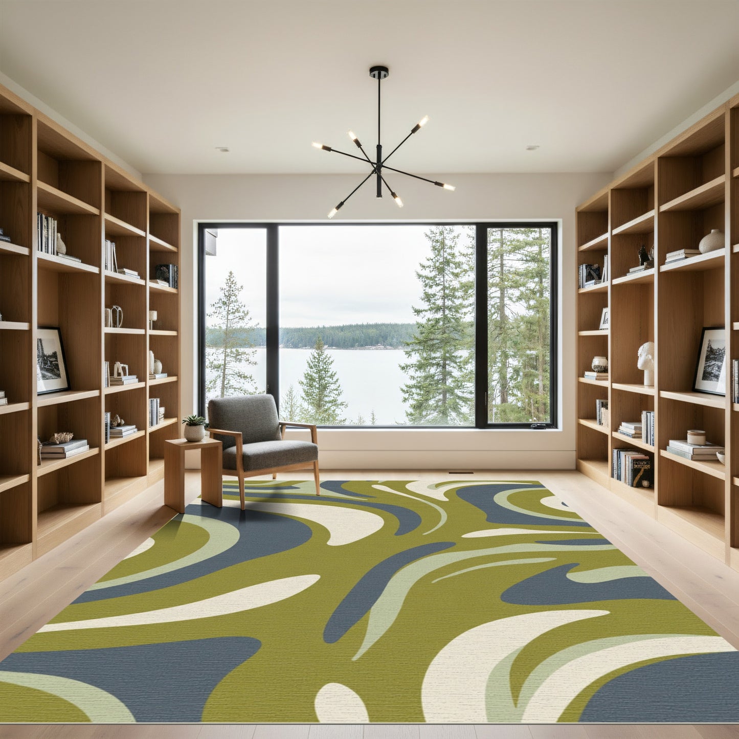 Olive Blue Cream Swirl Abstract Rug
