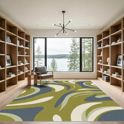 Olive Blue Cream Swirl Abstract Rug