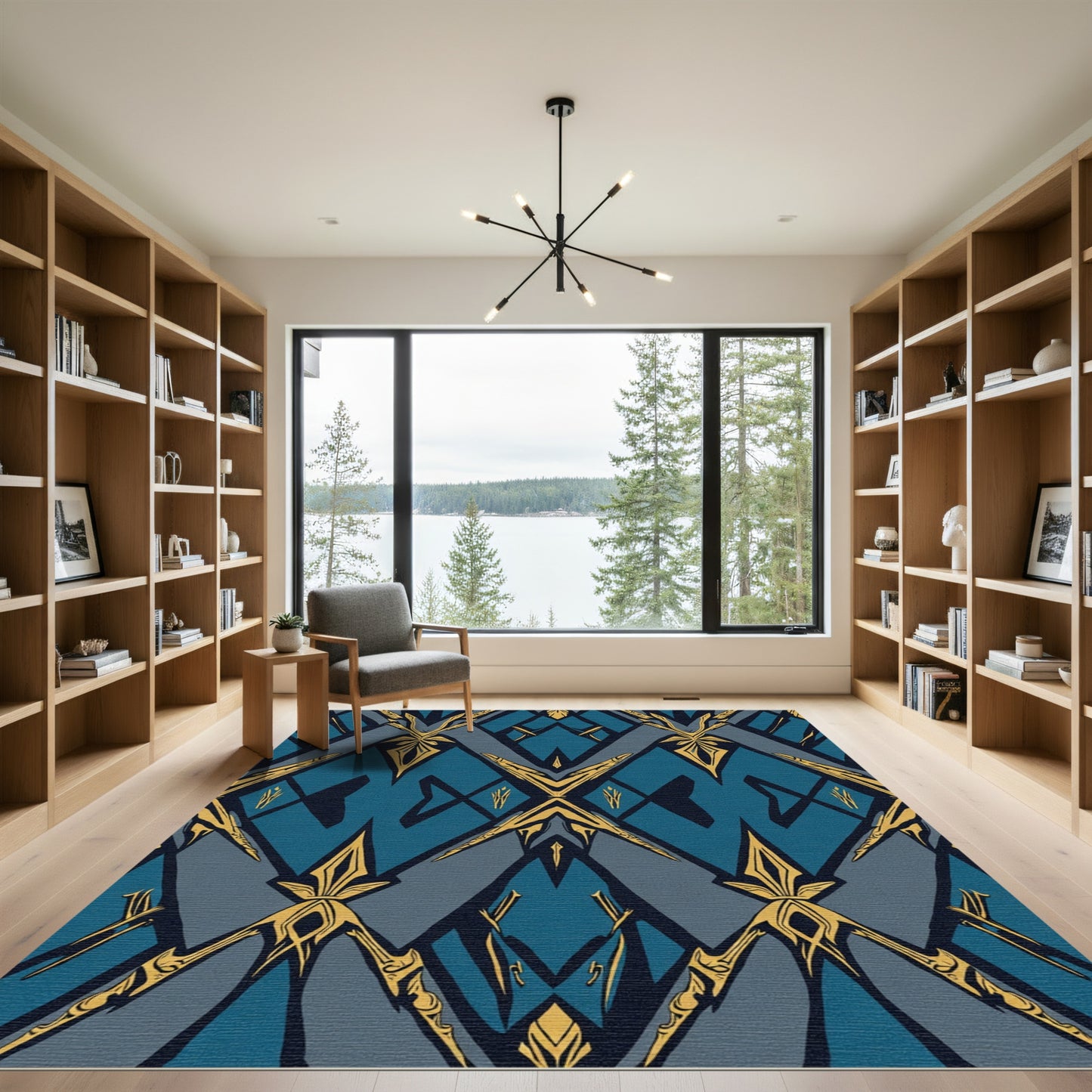 Azure Gold Ornate Geometric Layout Rug