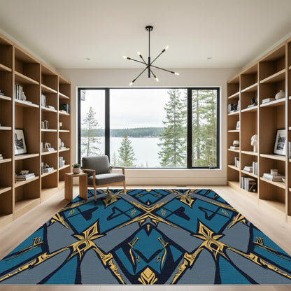 Azure Gold Ornate Geometric Layout Rug