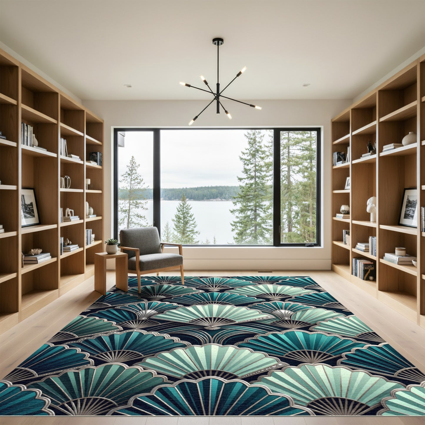 Art Deco Deep Teal Fan Overlap Rug
