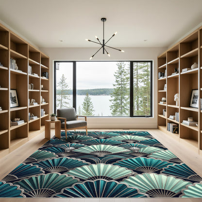 Art Deco Deep Teal Fan Overlap Rug