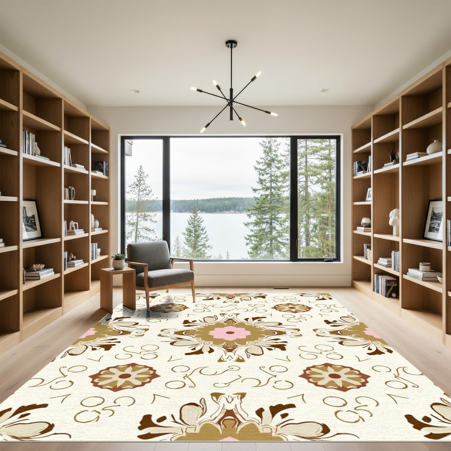 Cream Pink Gold Floral Medallion Repeating Rug