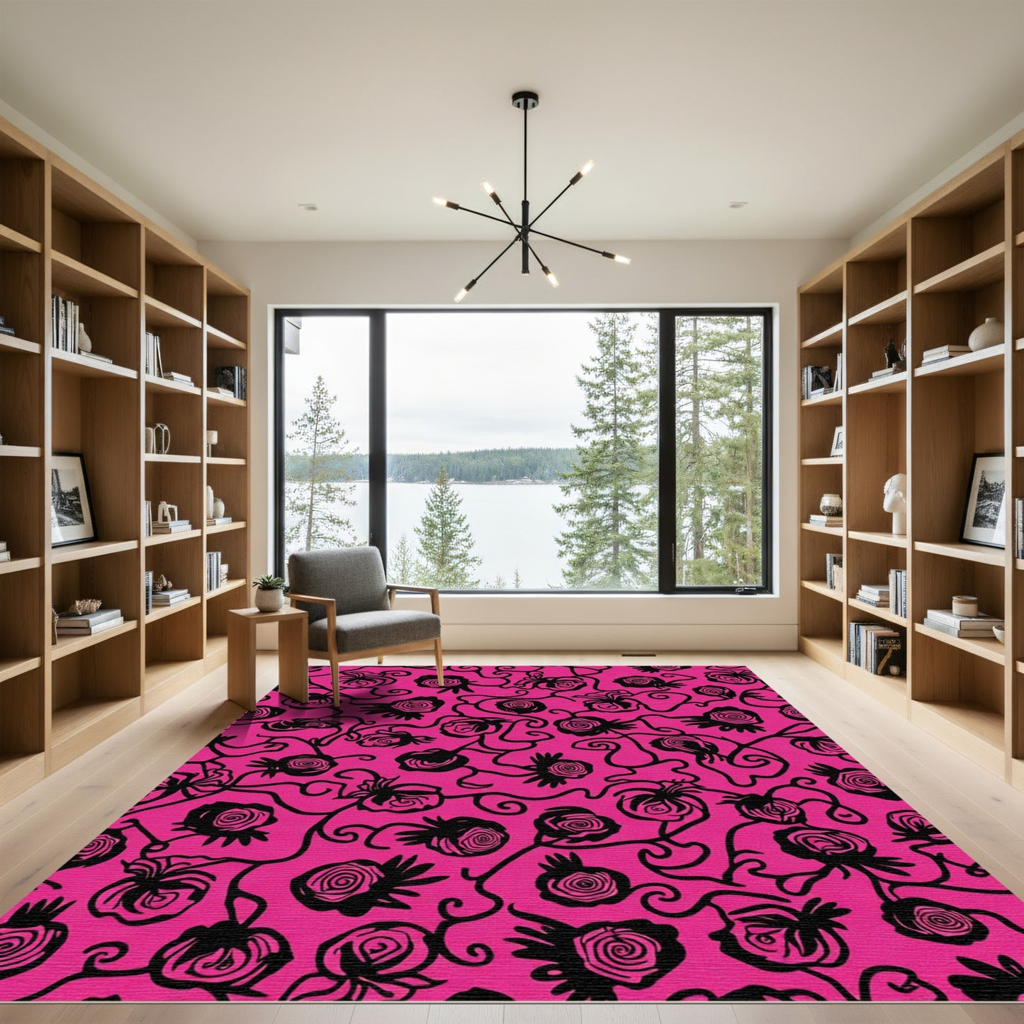 Hot Pink Black Floral Vine Swirl Rug