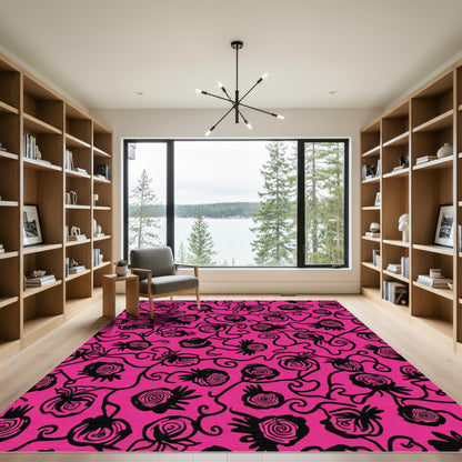 Hot Pink Black Floral Vine Swirl Rug