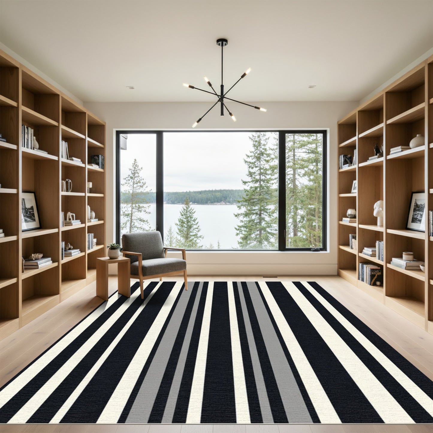 Modern Black Cream Gray Stripes Rug
