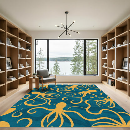 Golden Octopus Ocean Swirl Rug
