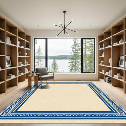 Deep Blue Ivory Ornamental Border Rug