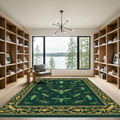 Green and Gold Insect Collage Border Rug