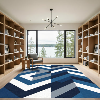 Modern Blue Geometric Chevron Rug