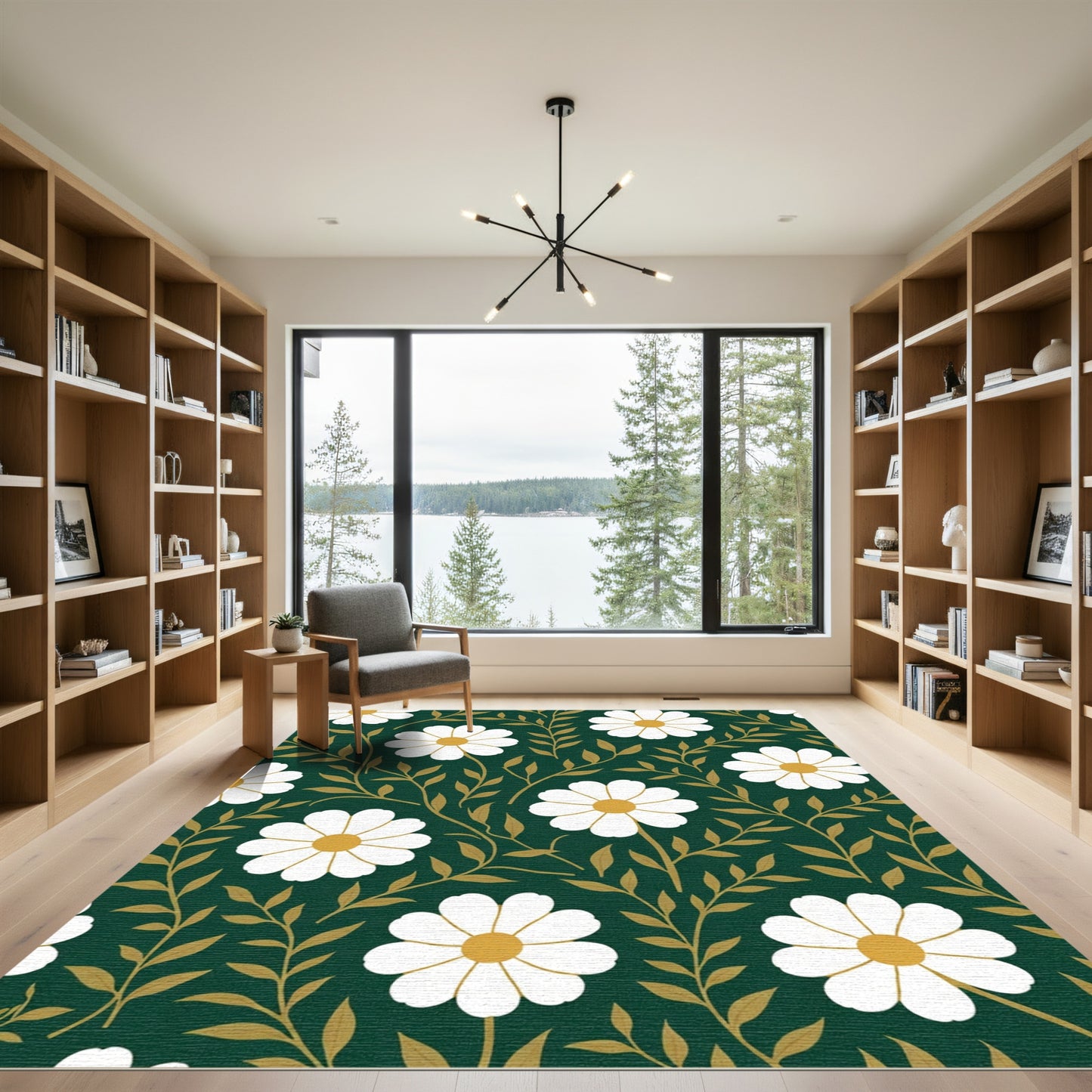 White Daisy Vine Emerald Green Rug