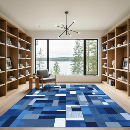 Deep Blue Geometric Block Collage Rug