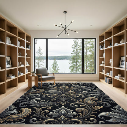 Ornate Golden Paisley Feather Scroll Rug
