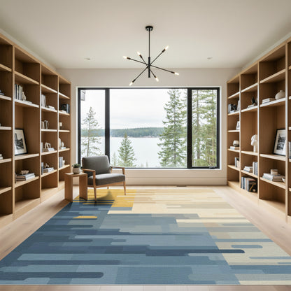 Abstract Gold Blue Geometric Horizon Rug