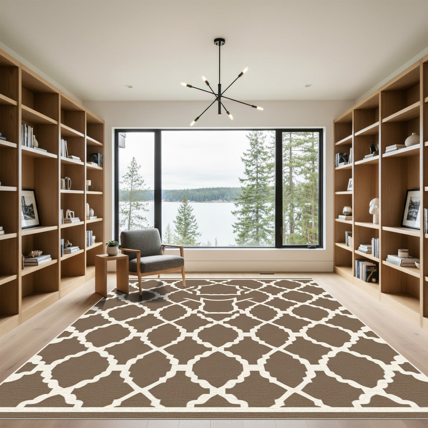 Brown White Arabesque Lattice Rug