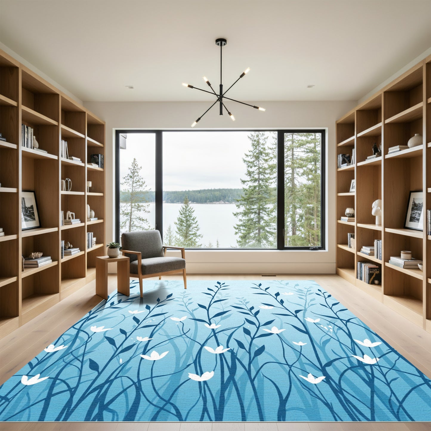 Deep Blue Silhouette Floral Garden Rug