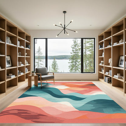 Abstract Teal Pink Landscape Waves Rug