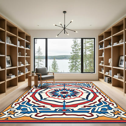Red Blue Geometric Sunburst Medallion Rug