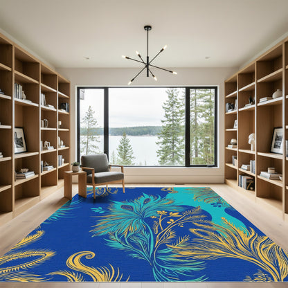 Majestic Blue Teal Golden Feather Arrangement Rug