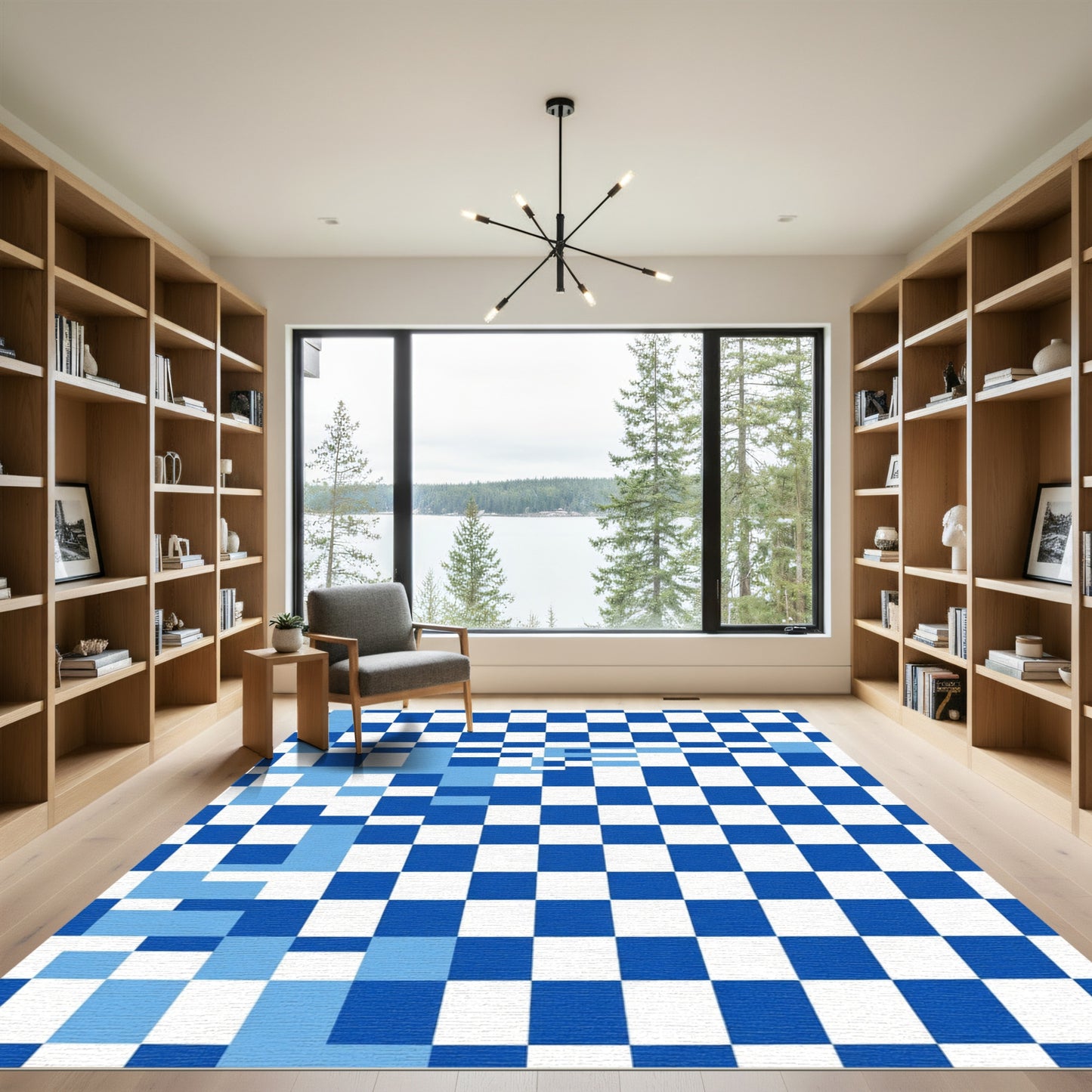 Blue White Geometric Squares Modern Rug