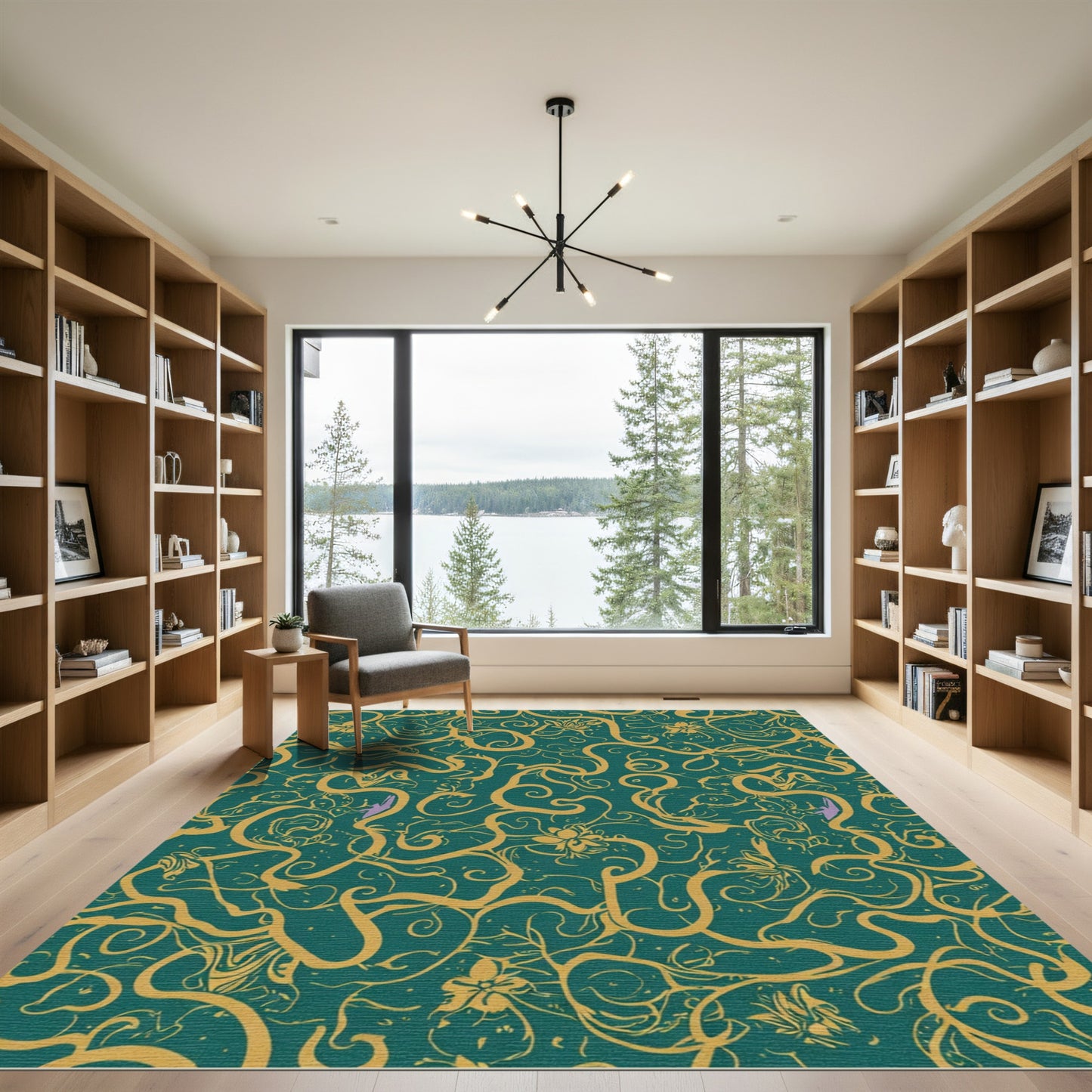 Emerald Gold Swirling Floral Vines Rug
