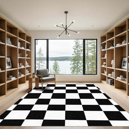 Bold Black White Checkered Grid Rug
