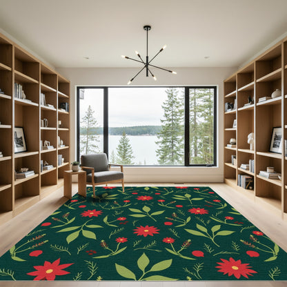 Crimson Red Floral Green Leaf Pattern Rug