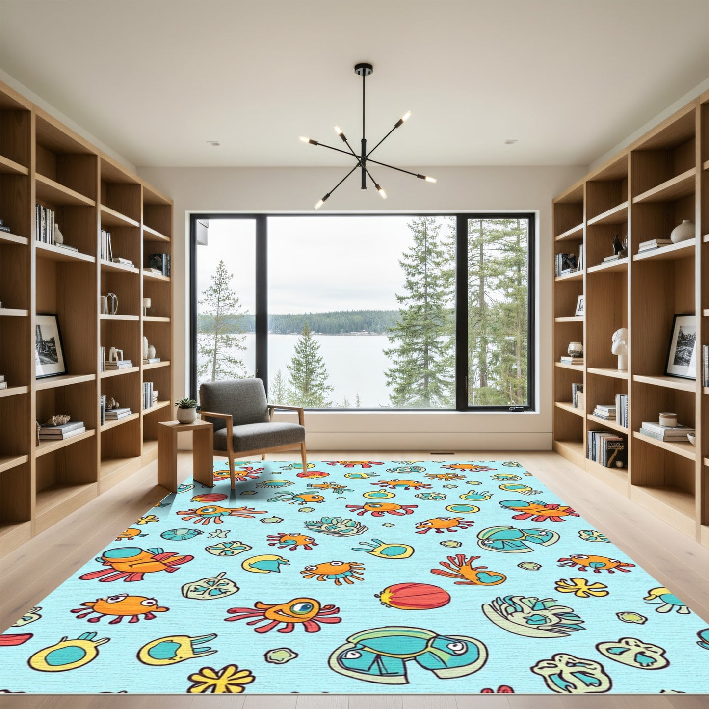 Whimsical Orange Creatures Blue Background Rug
