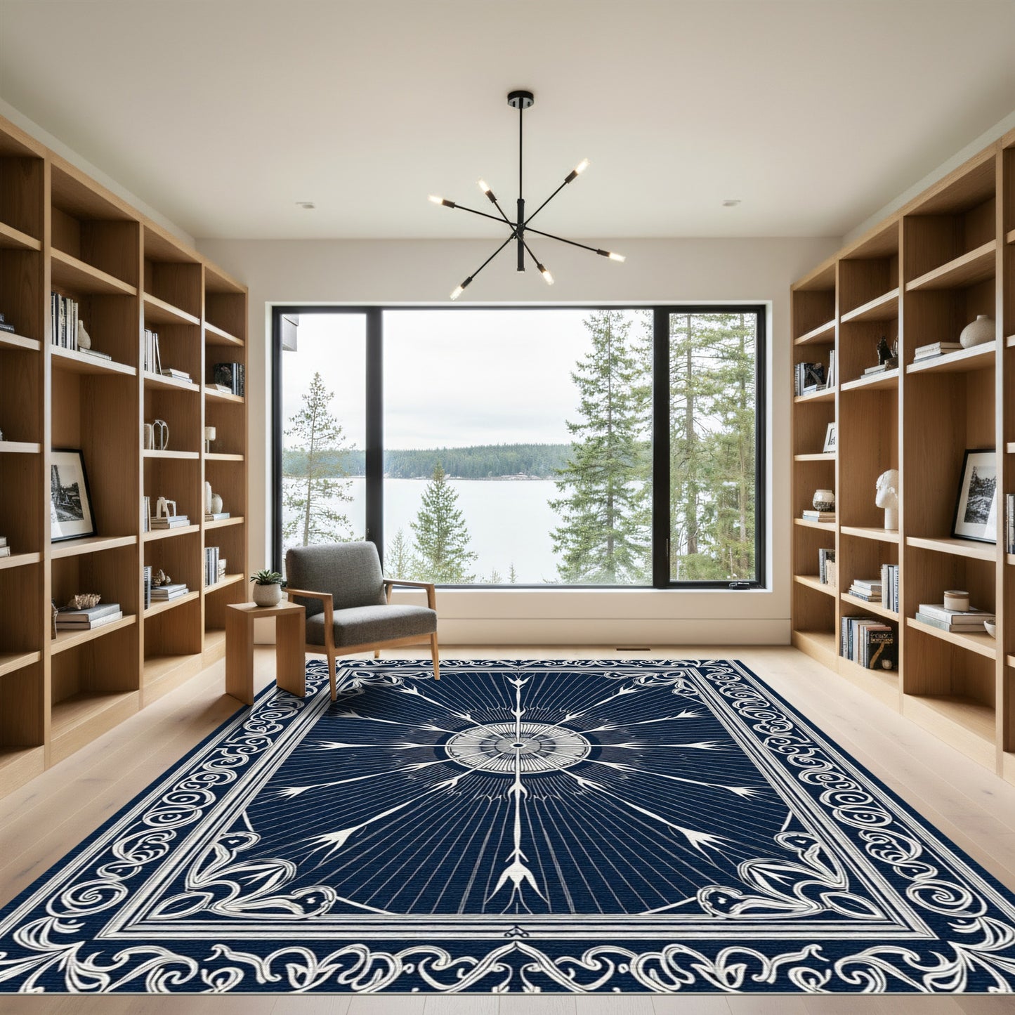 Navy White Sunburst Medallion Borders Rug