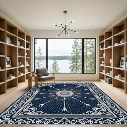 Navy White Sunburst Medallion Borders Rug