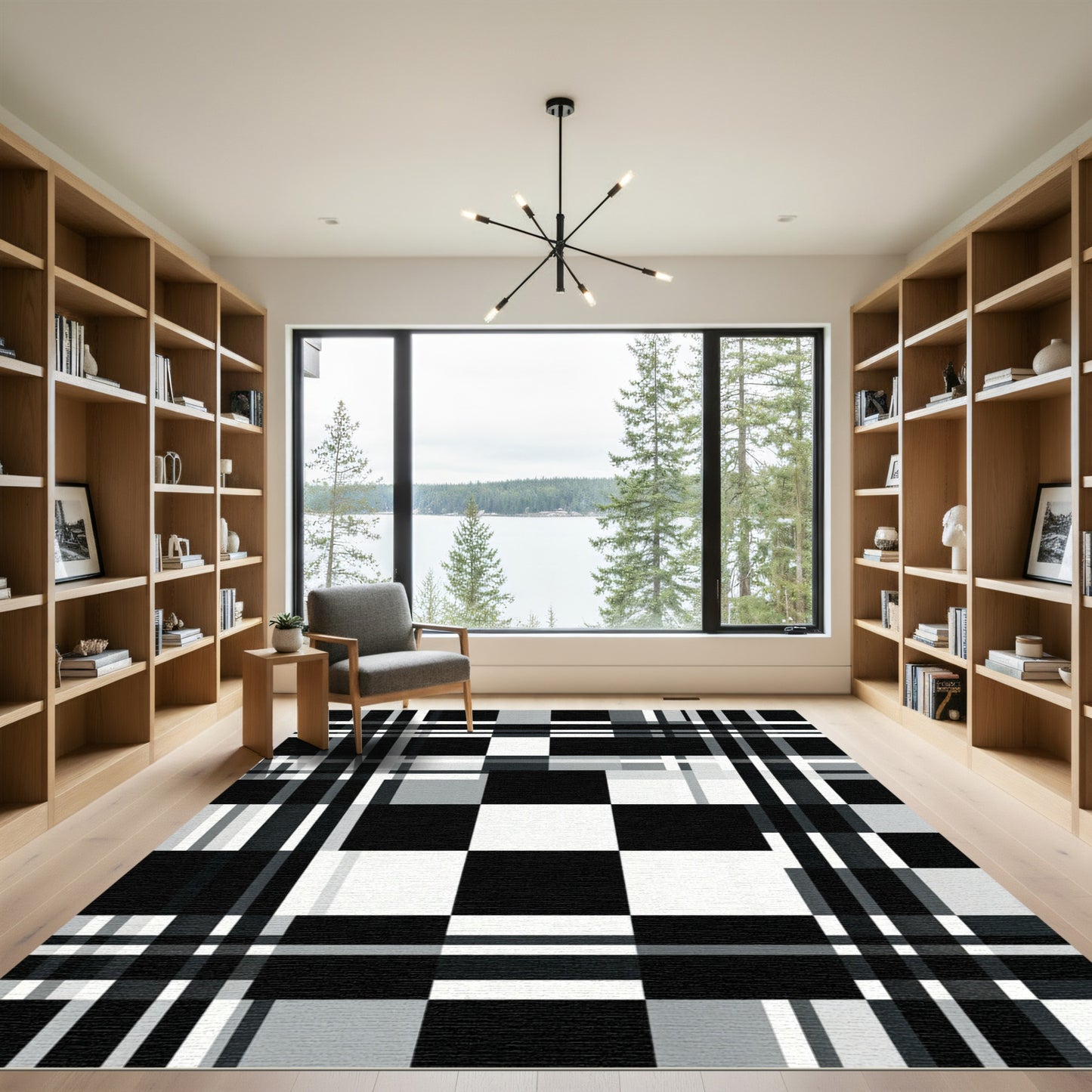 Monochromatic Black White Plaid Squares Rug