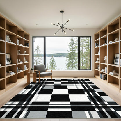 Monochromatic Black White Plaid Squares Rug