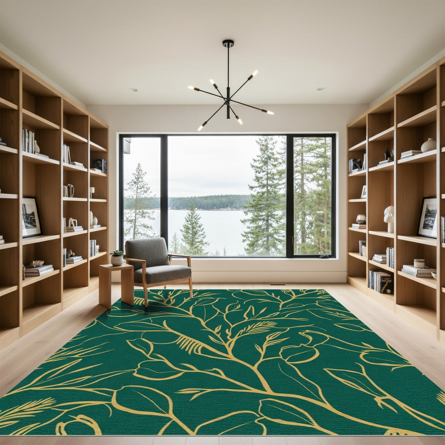 Emerald Green Golden Botanical Vines Rug