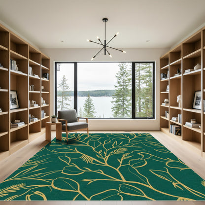 Emerald Green Golden Botanical Vines Rug