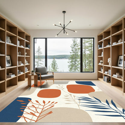 Terracotta Blue Abstract Botanical Shapes Rug