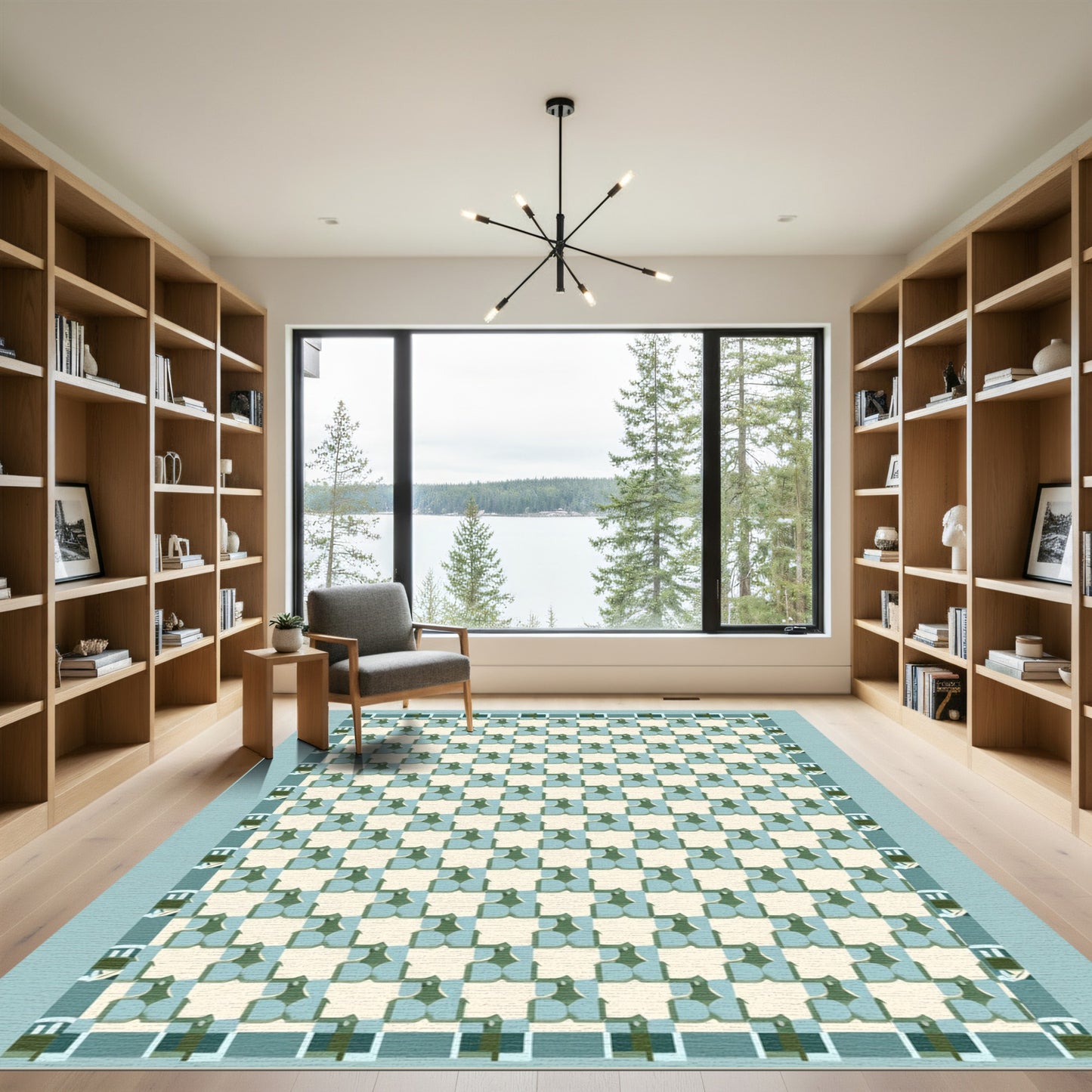 Geometric Cream Teal Interlocking Squares Rug
