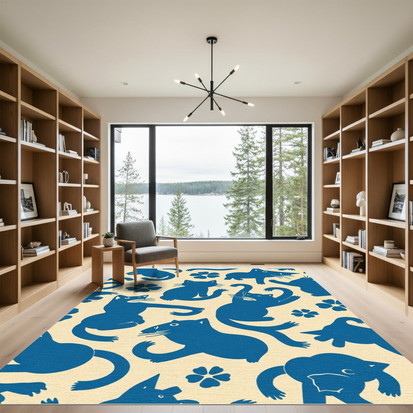 Whimsical Blue Cat Flower Composition Rug