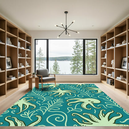Teal Underwater Octopus Botanical Scene Rug