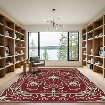 Crimson Floral Swirl Ornamental Rug