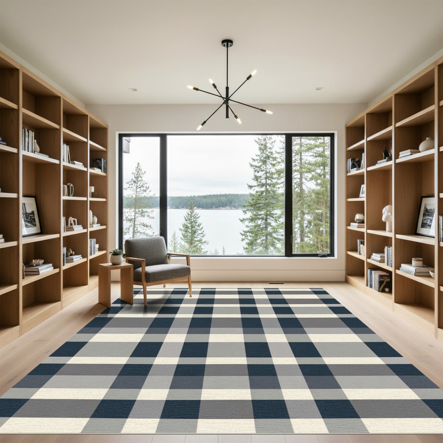 Navy Gray Cream Buffalo Check Rug